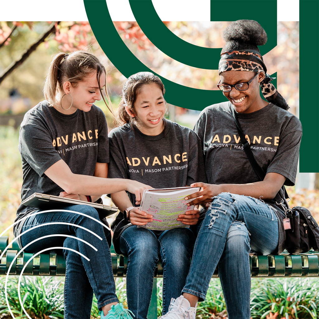 Three female ADVANCE students sitting on a bench on the George Mason University campus